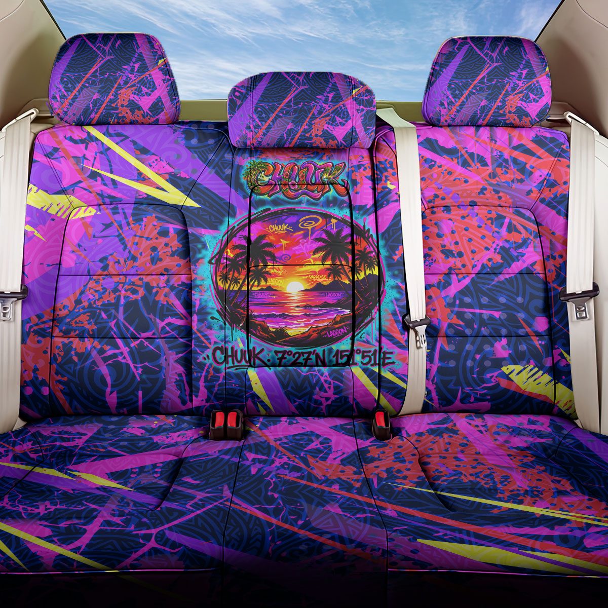 Chuuk Tropical Sunset Coordinates Back Car Seat Cover Neon Graffiti Polynesian Tribal TS04 One Size Purple Pink - Polynesian Pride