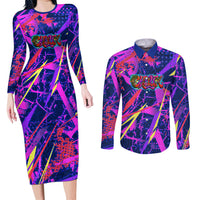 Chuuk Tropical Sunset Coordinates Couples Matching Long Sleeve Bodycon Dress and Long Sleeve Button Shirt Neon Graffiti Polynesian Tribal TS04 Purple Pink - Polynesian Pride