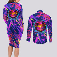 Chuuk Tropical Sunset Coordinates Couples Matching Long Sleeve Bodycon Dress and Long Sleeve Button Shirt Neon Graffiti Polynesian Tribal TS04 - Polynesian Pride