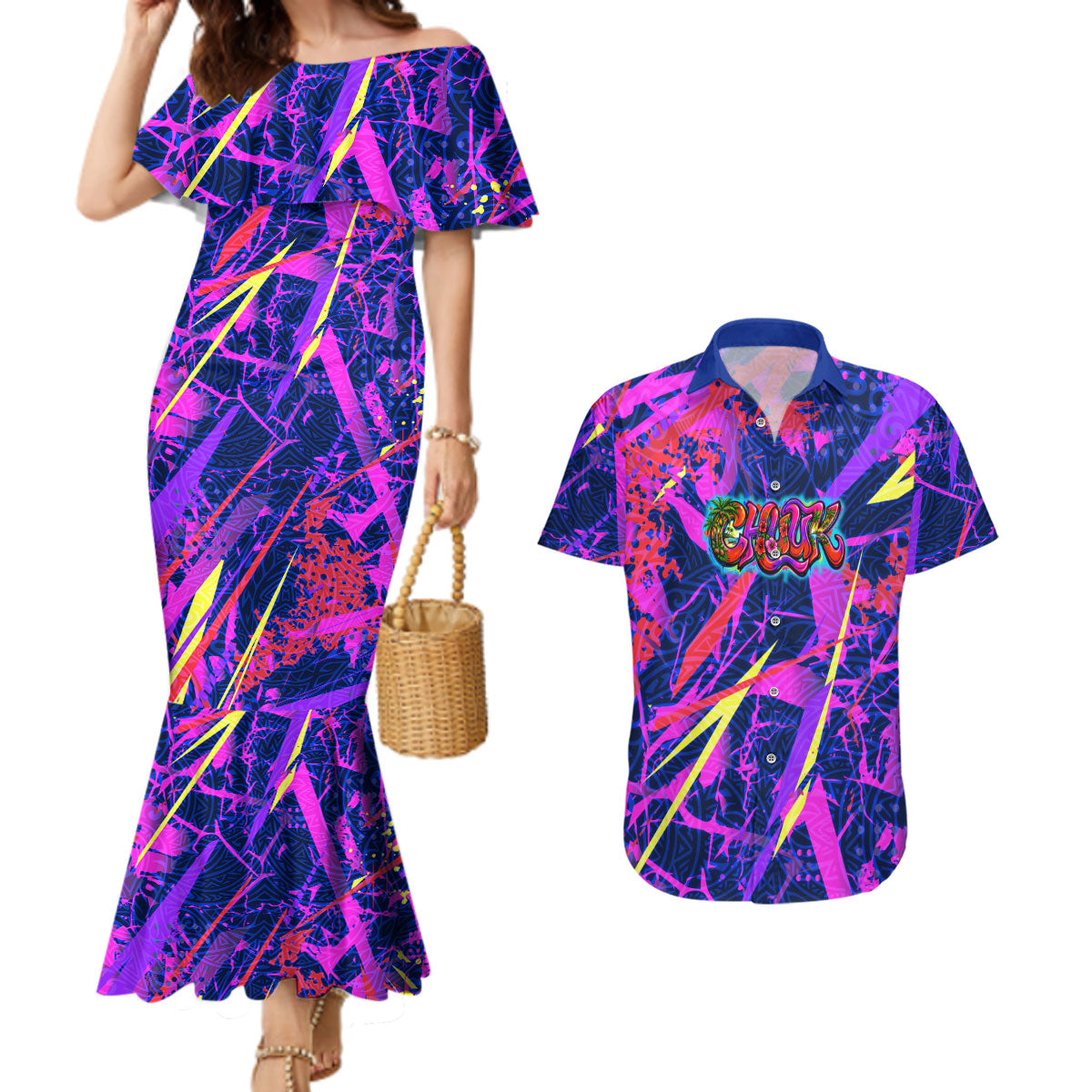 Chuuk Tropical Sunset Coordinates Couples Matching Mermaid Dress and Hawaiian Shirt Neon Graffiti Polynesian Tribal TS04 Purple Pink - Polynesian Pride