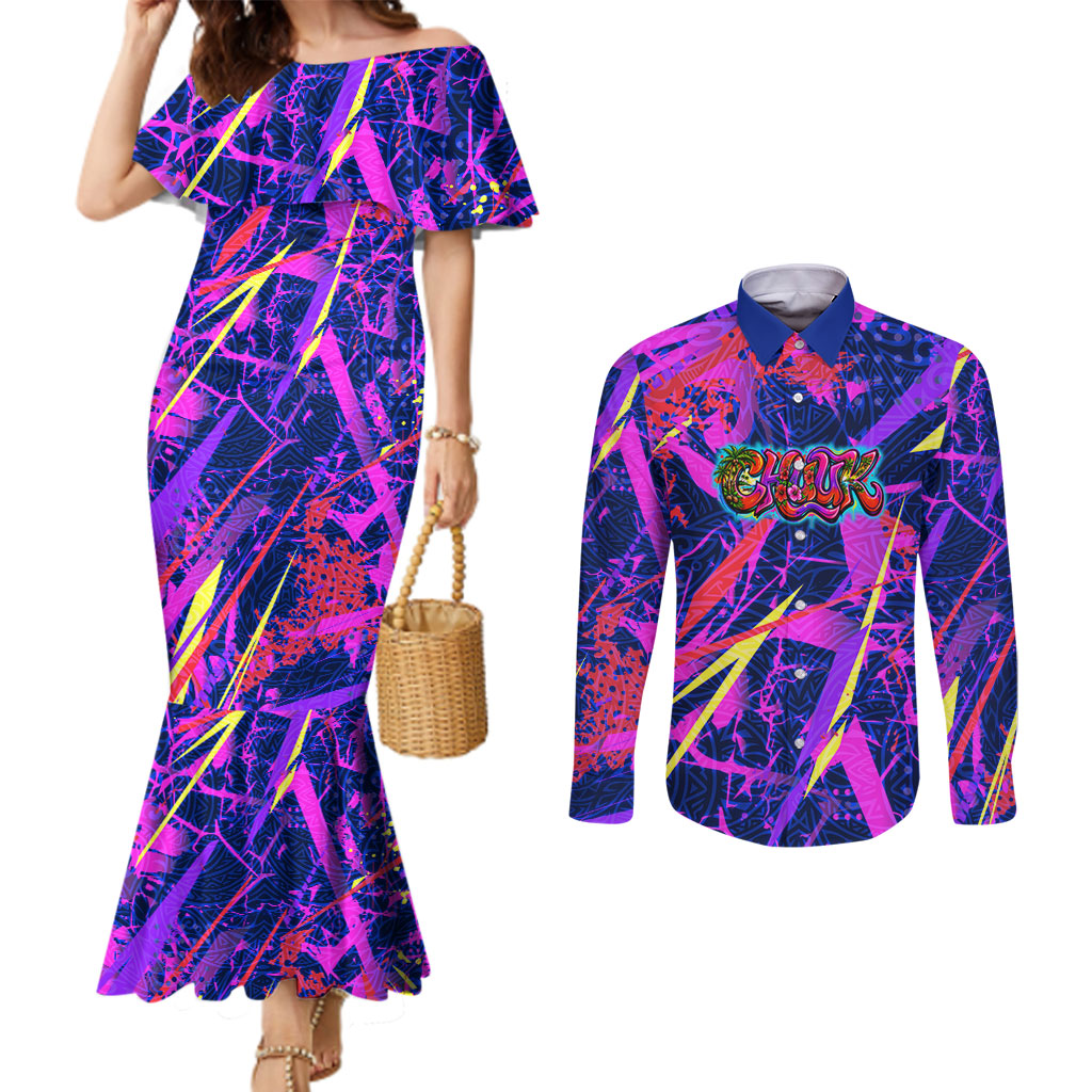 Chuuk Tropical Sunset Coordinates Couples Matching Mermaid Dress and Long Sleeve Button Shirt Neon Graffiti Polynesian Tribal TS04 Purple Pink - Polynesian Pride