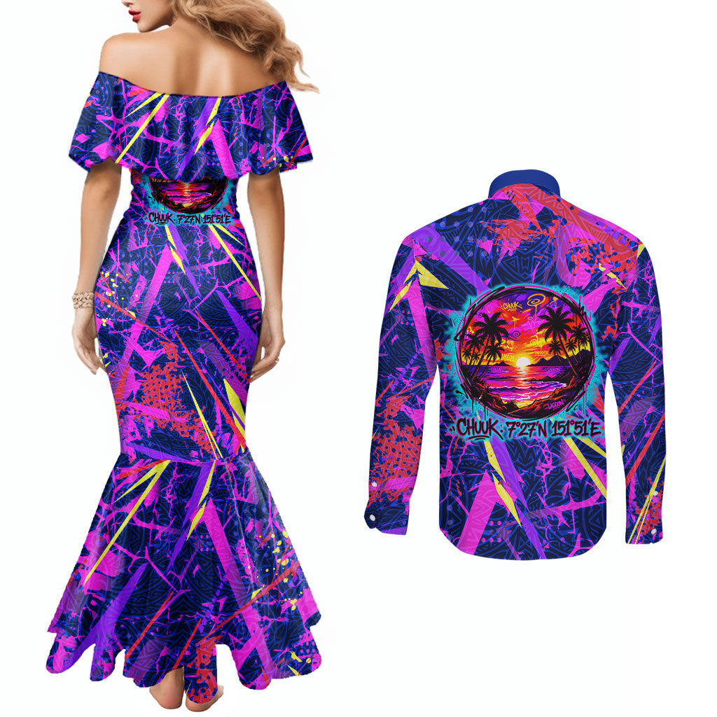 Chuuk Tropical Sunset Coordinates Couples Matching Mermaid Dress and Long Sleeve Button Shirt Neon Graffiti Polynesian Tribal TS04 - Polynesian Pride
