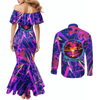 Chuuk Tropical Sunset Coordinates Couples Matching Mermaid Dress and Long Sleeve Button Shirt Neon Graffiti Polynesian Tribal TS04 - Polynesian Pride