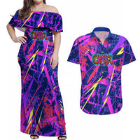 Chuuk Tropical Sunset Coordinates Couples Matching Off Shoulder Maxi Dress and Hawaiian Shirt Neon Graffiti Polynesian Tribal TS04 Purple Pink - Polynesian Pride