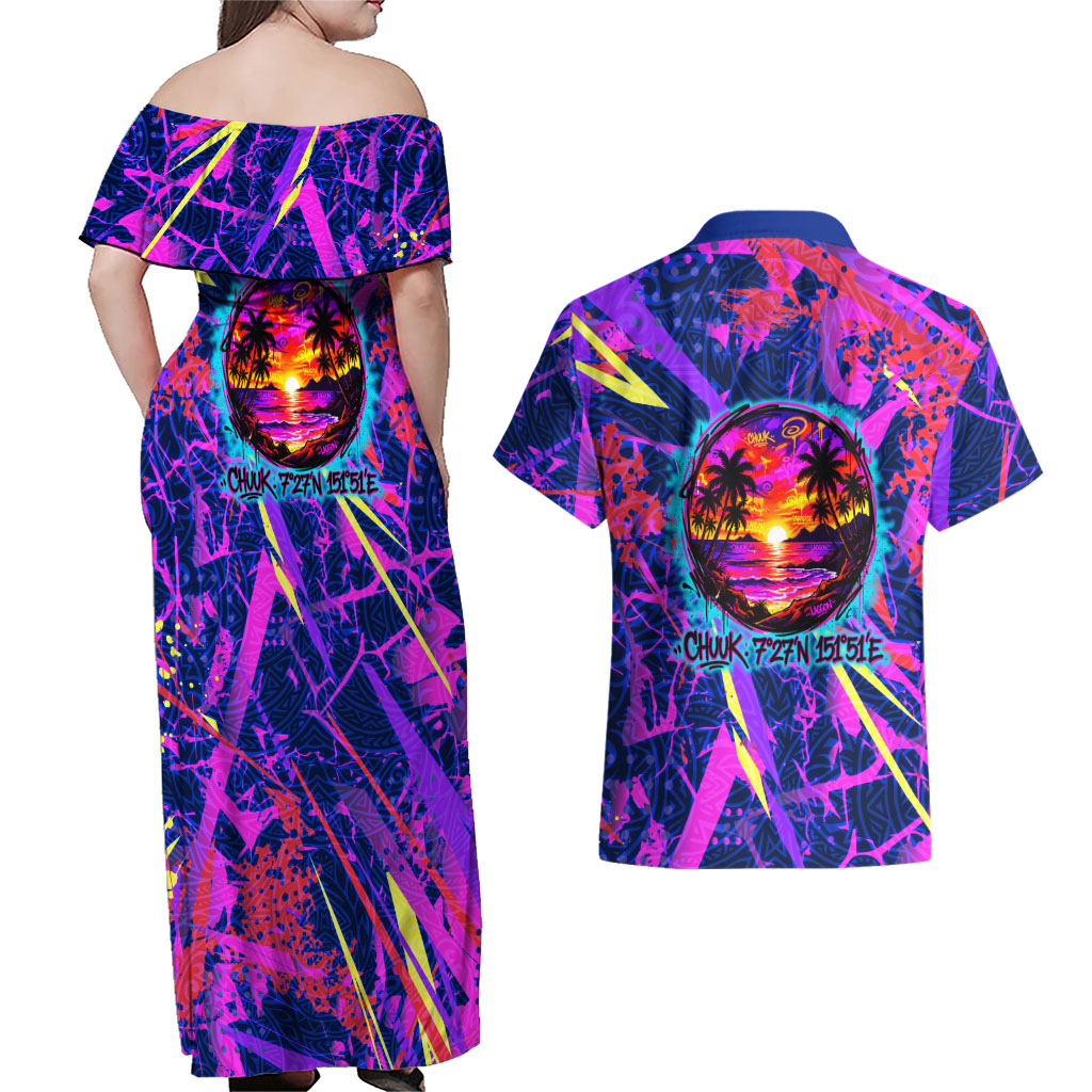 Chuuk Tropical Sunset Coordinates Couples Matching Off Shoulder Maxi Dress and Hawaiian Shirt Neon Graffiti Polynesian Tribal TS04 - Polynesian Pride