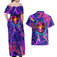 Chuuk Tropical Sunset Coordinates Couples Matching Off Shoulder Maxi Dress and Hawaiian Shirt Neon Graffiti Polynesian Tribal TS04 - Polynesian Pride