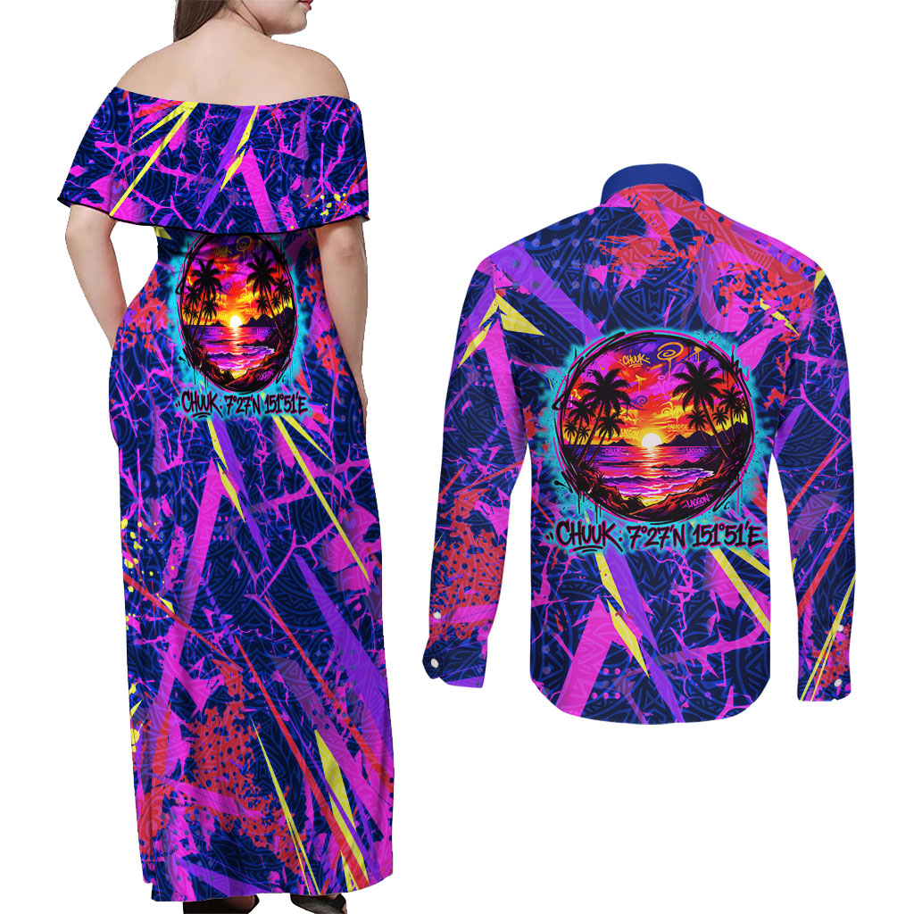Chuuk Tropical Sunset Coordinates Couples Matching Off Shoulder Maxi Dress and Long Sleeve Button Shirt Neon Graffiti Polynesian Tribal TS04 - Polynesian Pride
