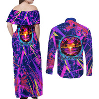 Chuuk Tropical Sunset Coordinates Couples Matching Off Shoulder Maxi Dress and Long Sleeve Button Shirt Neon Graffiti Polynesian Tribal TS04 - Polynesian Pride