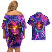 Chuuk Tropical Sunset Coordinates Couples Matching Off Shoulder Short Dress and Hawaiian Shirt Neon Graffiti Polynesian Tribal TS04 - Polynesian Pride