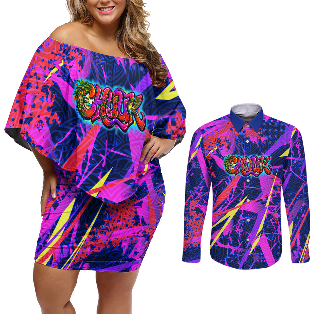 Chuuk Tropical Sunset Coordinates Couples Matching Off Shoulder Short Dress and Long Sleeve Button Shirt Neon Graffiti Polynesian Tribal TS04 Purple Pink - Polynesian Pride