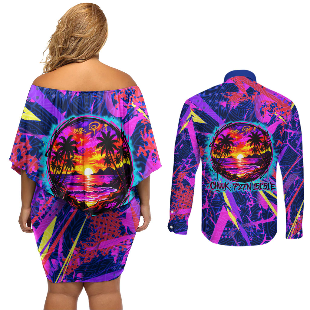 Chuuk Tropical Sunset Coordinates Couples Matching Off Shoulder Short Dress and Long Sleeve Button Shirt Neon Graffiti Polynesian Tribal TS04 - Polynesian Pride