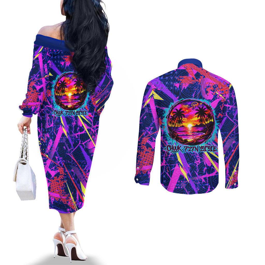 Chuuk Tropical Sunset Coordinates Couples Matching Off The Shoulder Long Sleeve Dress and Long Sleeve Button Shirt Neon Graffiti Polynesian Tribal TS04 - Polynesian Pride