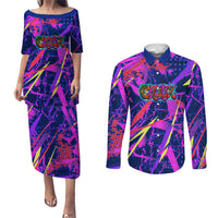 Chuuk Tropical Sunset Coordinates Couples Matching Puletasi and Long Sleeve Button Shirt Neon Graffiti Polynesian Tribal TS04 Purple Pink - Polynesian Pride