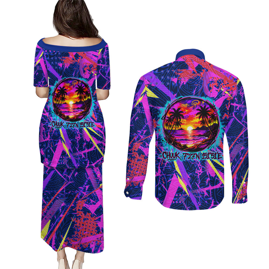 Chuuk Tropical Sunset Coordinates Couples Matching Puletasi and Long Sleeve Button Shirt Neon Graffiti Polynesian Tribal TS04 - Polynesian Pride