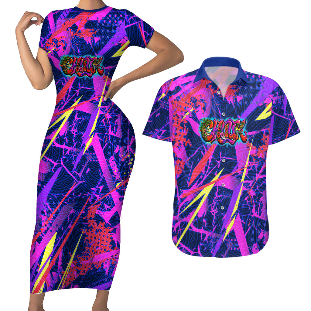 Chuuk Tropical Sunset Coordinates Couples Matching Short Sleeve Bodycon Dress and Hawaiian Shirt Neon Graffiti Polynesian Tribal