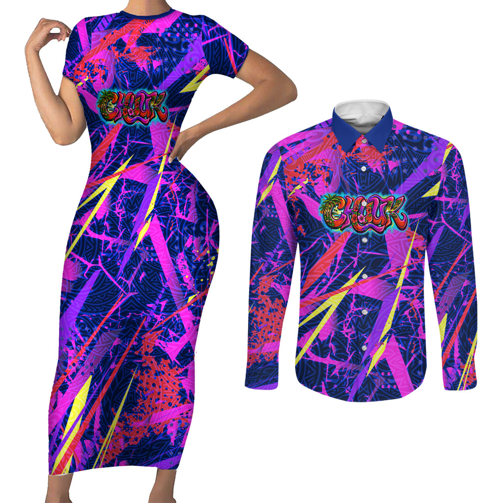 Chuuk Tropical Sunset Coordinates Couples Matching Short Sleeve Bodycon Dress and Long Sleeve Button Shirt Neon Graffiti Polynesian Tribal TS04 Purple Pink - Polynesian Pride