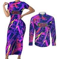 Chuuk Tropical Sunset Coordinates Couples Matching Short Sleeve Bodycon Dress and Long Sleeve Button Shirt Neon Graffiti Polynesian Tribal TS04 Purple Pink - Polynesian Pride