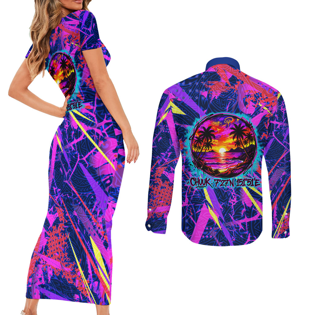 Chuuk Tropical Sunset Coordinates Couples Matching Short Sleeve Bodycon Dress and Long Sleeve Button Shirt Neon Graffiti Polynesian Tribal TS04 - Polynesian Pride