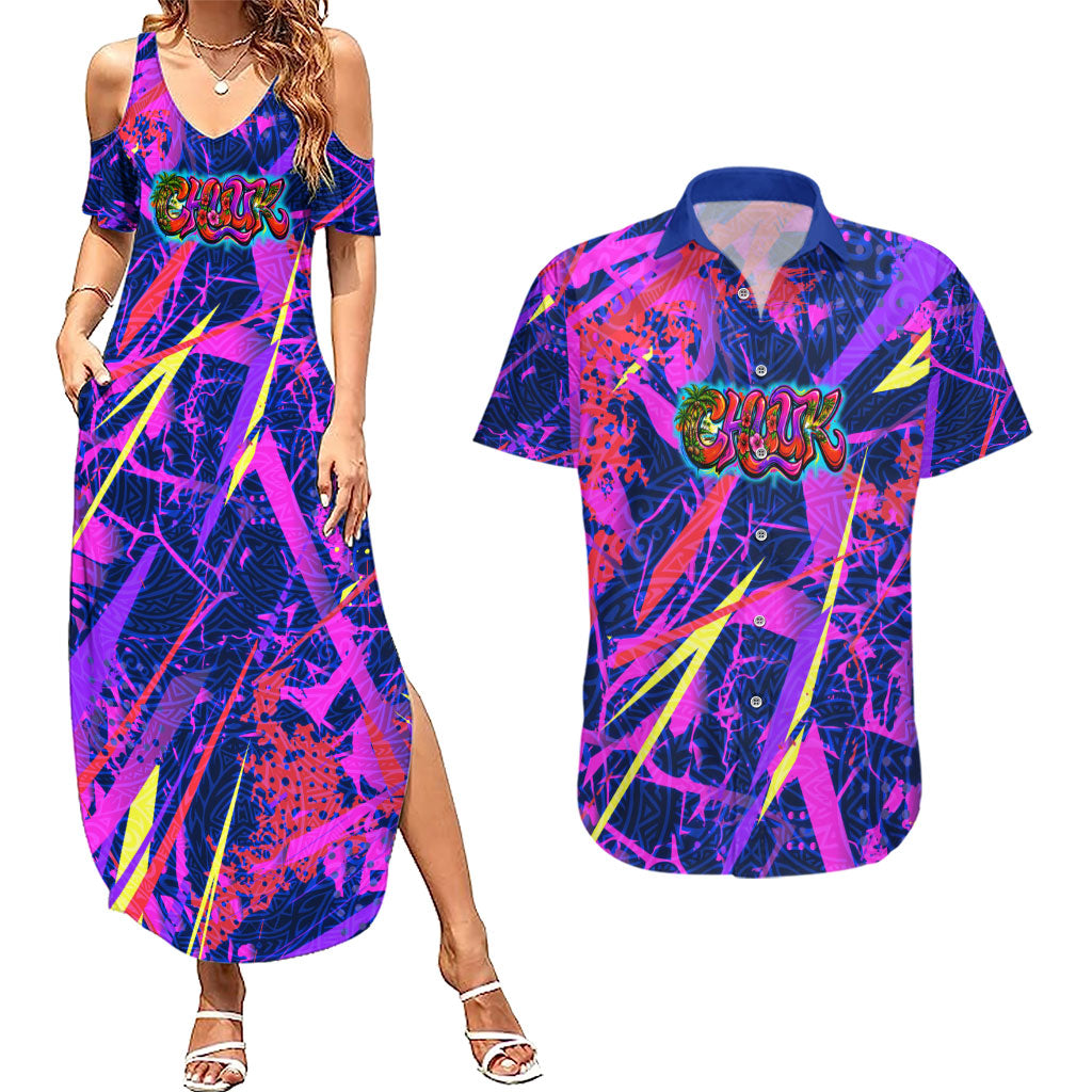 Chuuk Tropical Sunset Coordinates Couples Matching Summer Maxi Dress and Hawaiian Shirt Neon Graffiti Polynesian Tribal TS04 Purple Pink - Polynesian Pride