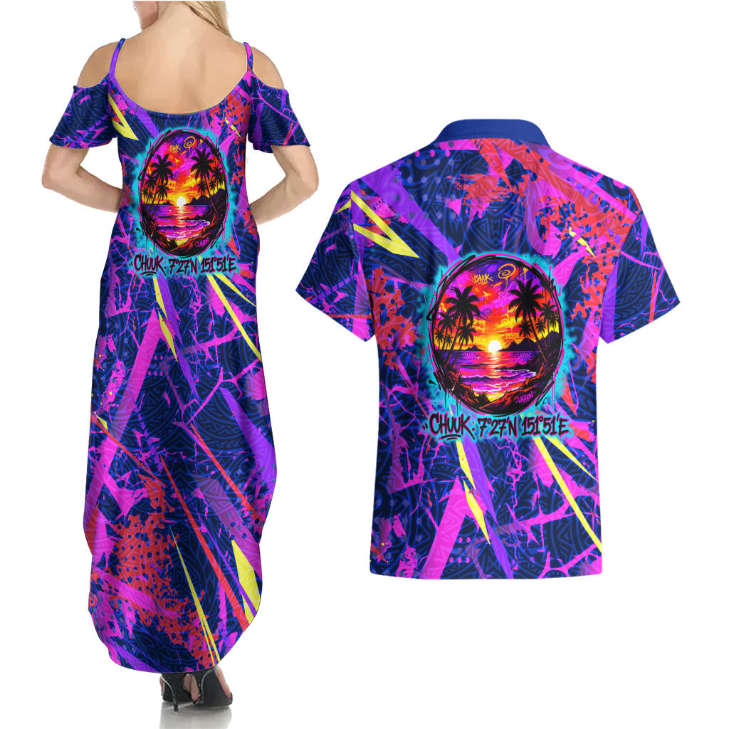 Chuuk Tropical Sunset Coordinates Couples Matching Summer Maxi Dress and Hawaiian Shirt Neon Graffiti Polynesian Tribal TS04 - Polynesian Pride