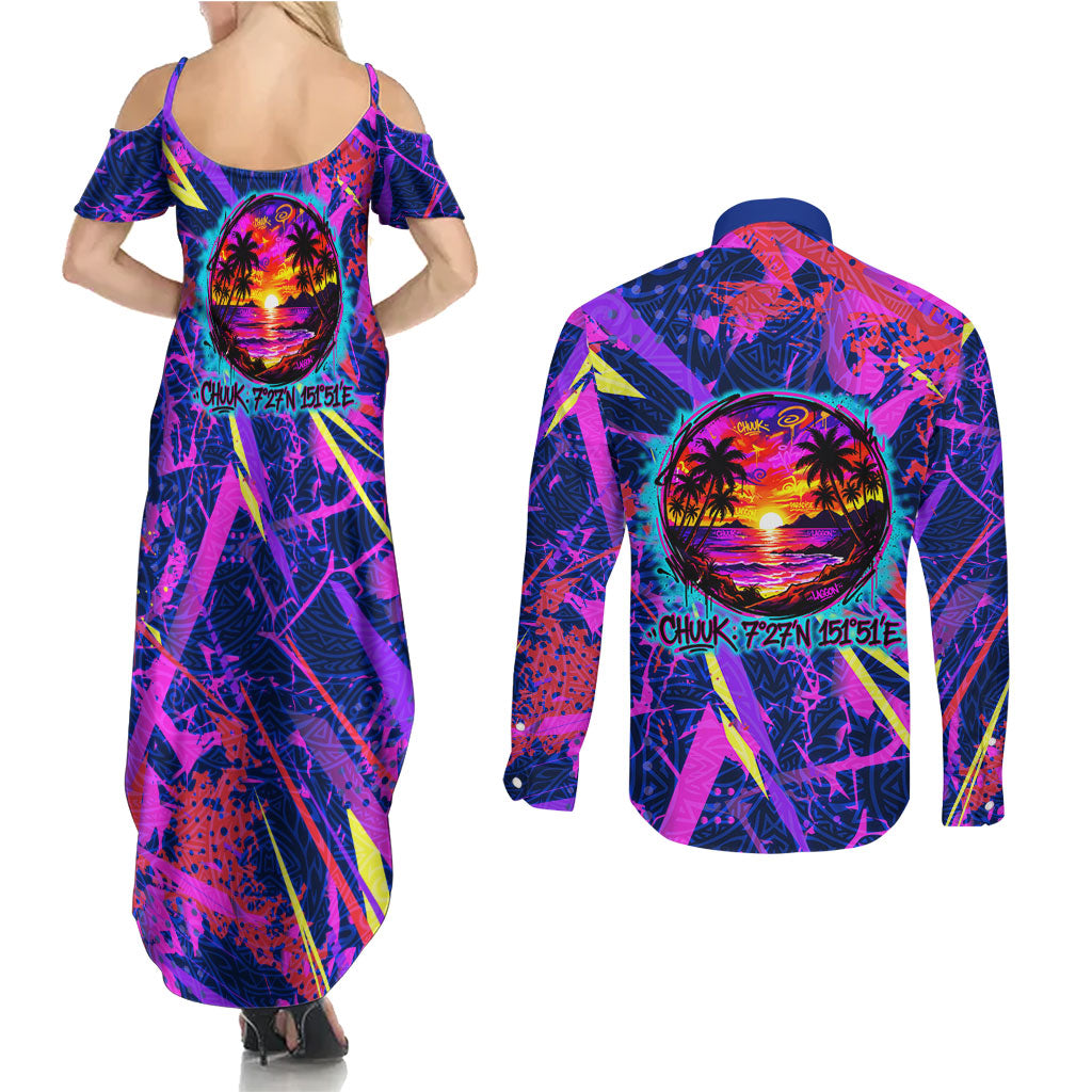 Chuuk Tropical Sunset Coordinates Couples Matching Summer Maxi Dress and Long Sleeve Button Shirt Neon Graffiti Polynesian Tribal TS04 - Polynesian Pride