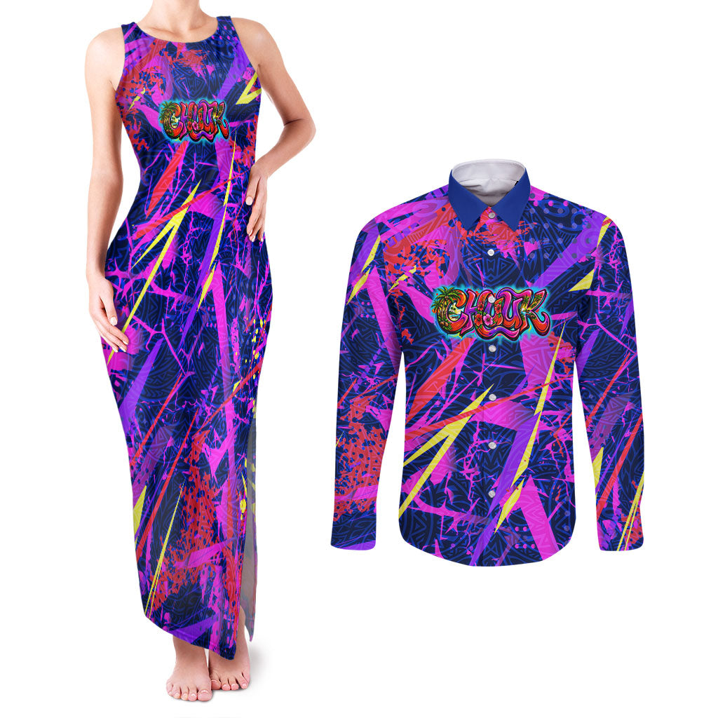 Chuuk Tropical Sunset Coordinates Couples Matching Tank Maxi Dress and Long Sleeve Button Shirt Neon Graffiti Polynesian Tribal TS04 Purple Pink - Polynesian Pride