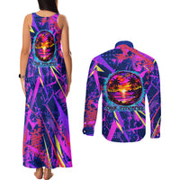 Chuuk Tropical Sunset Coordinates Couples Matching Tank Maxi Dress and Long Sleeve Button Shirt Neon Graffiti Polynesian Tribal TS04 - Polynesian Pride