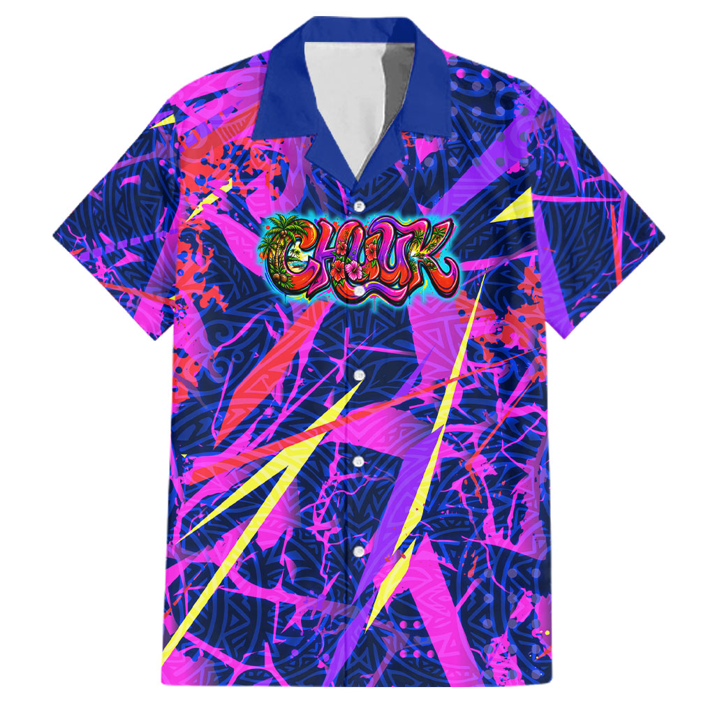 Chuuk Tropical Sunset Coordinates Family Matching Long Sleeve Bodycon Dress and Hawaiian Shirt Neon Graffiti Polynesian Tribal