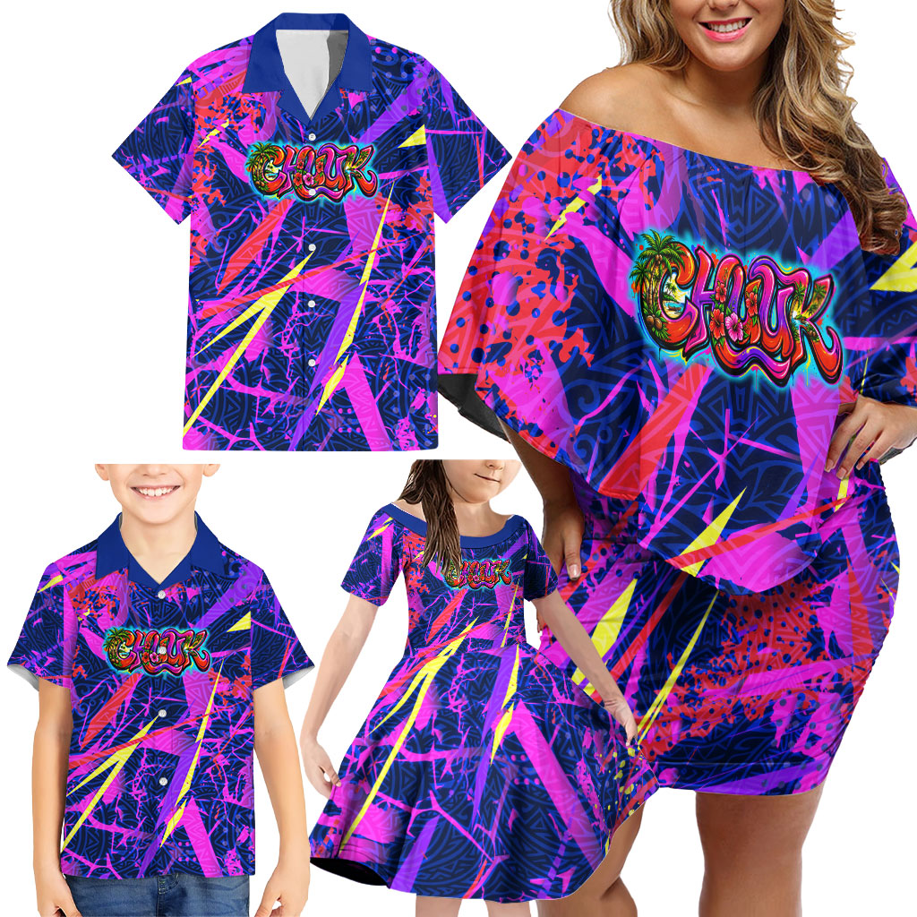 Chuuk Tropical Sunset Coordinates Family Matching Off Shoulder Short Dress and Hawaiian Shirt Neon Graffiti Polynesian Tribal