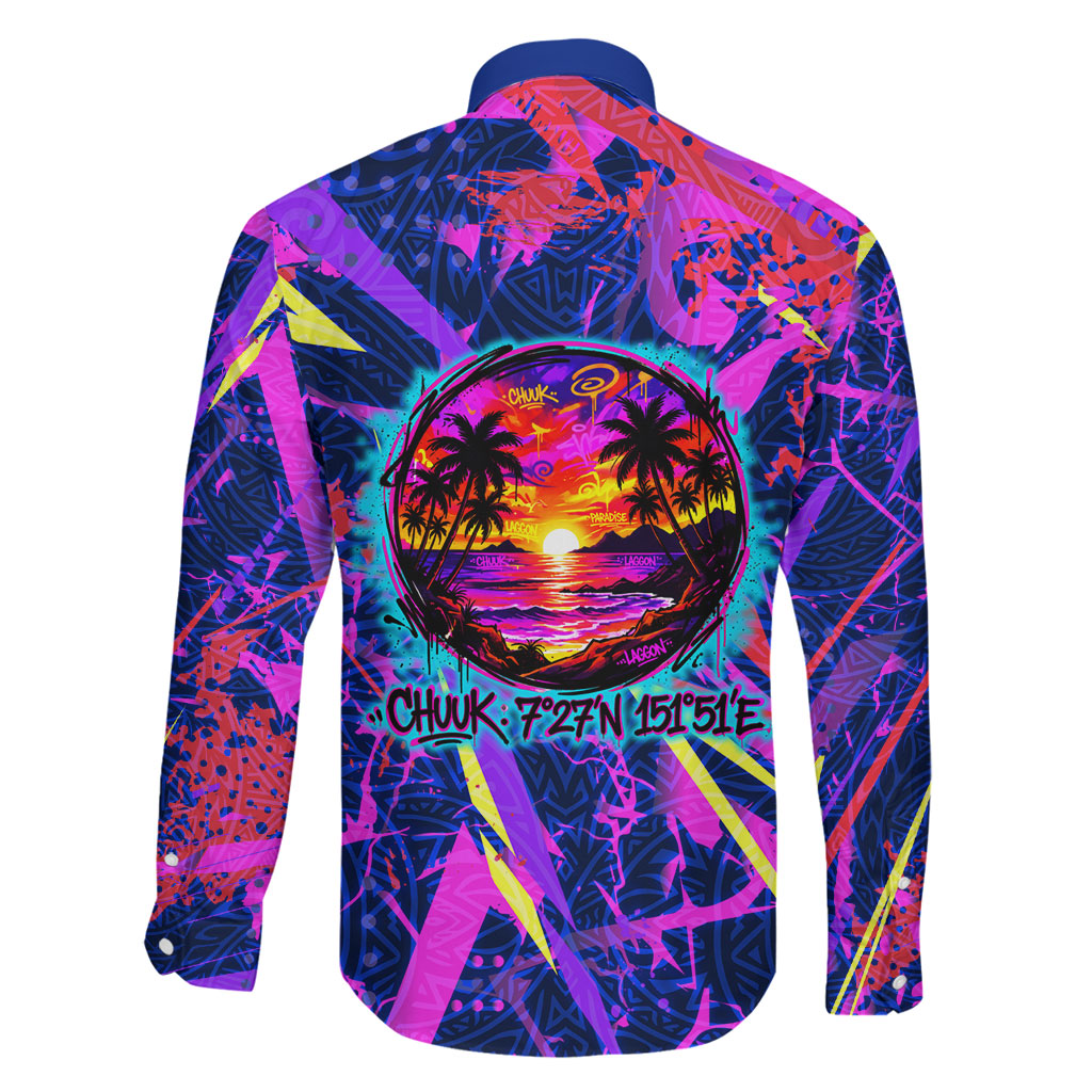 Chuuk Tropical Sunset Coordinates Family Matching Off Shoulder Short Dress and Hawaiian Shirt Neon Graffiti Polynesian Tribal