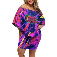 Chuuk Tropical Sunset Coordinates Family Matching Off Shoulder Short Dress and Hawaiian Shirt Neon Graffiti Polynesian Tribal