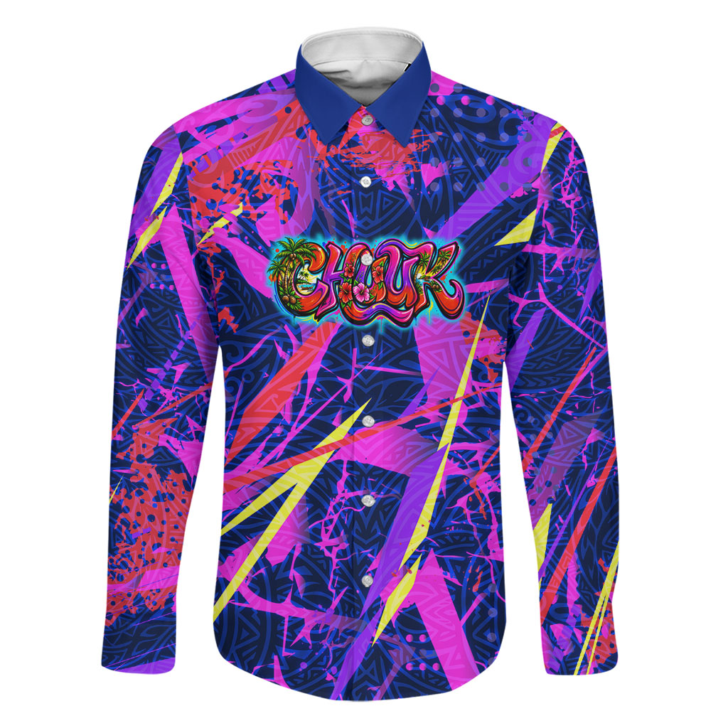 Chuuk Tropical Sunset Coordinates Family Matching Short Sleeve Bodycon Dress and Hawaiian Shirt Neon Graffiti Polynesian Tribal