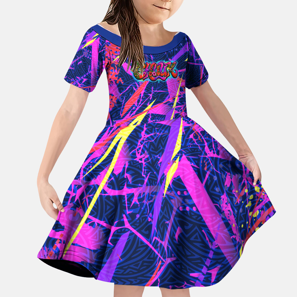 Chuuk Tropical Sunset Coordinates Family Matching Summer Maxi Dress and Hawaiian Shirt Neon Graffiti Polynesian Tribal
