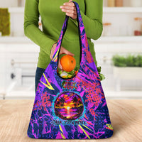 Chuuk Tropical Sunset Coordinates Grocery Bag Neon Graffiti Polynesian Tribal