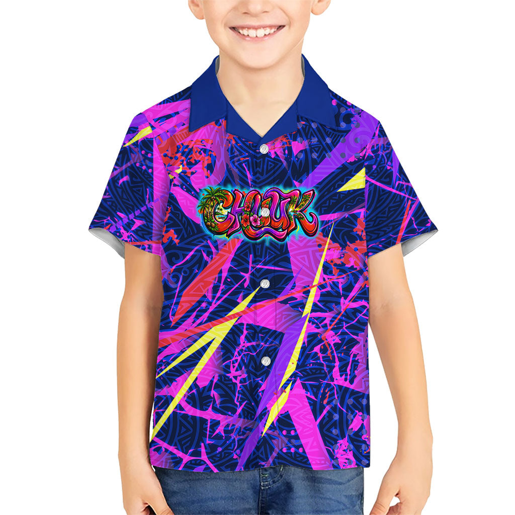 Chuuk Tropical Sunset Coordinates Kid Hawaiian Shirt Neon Graffiti Polynesian Tribal TS04 Kid Purple Pink - Polynesian Pride