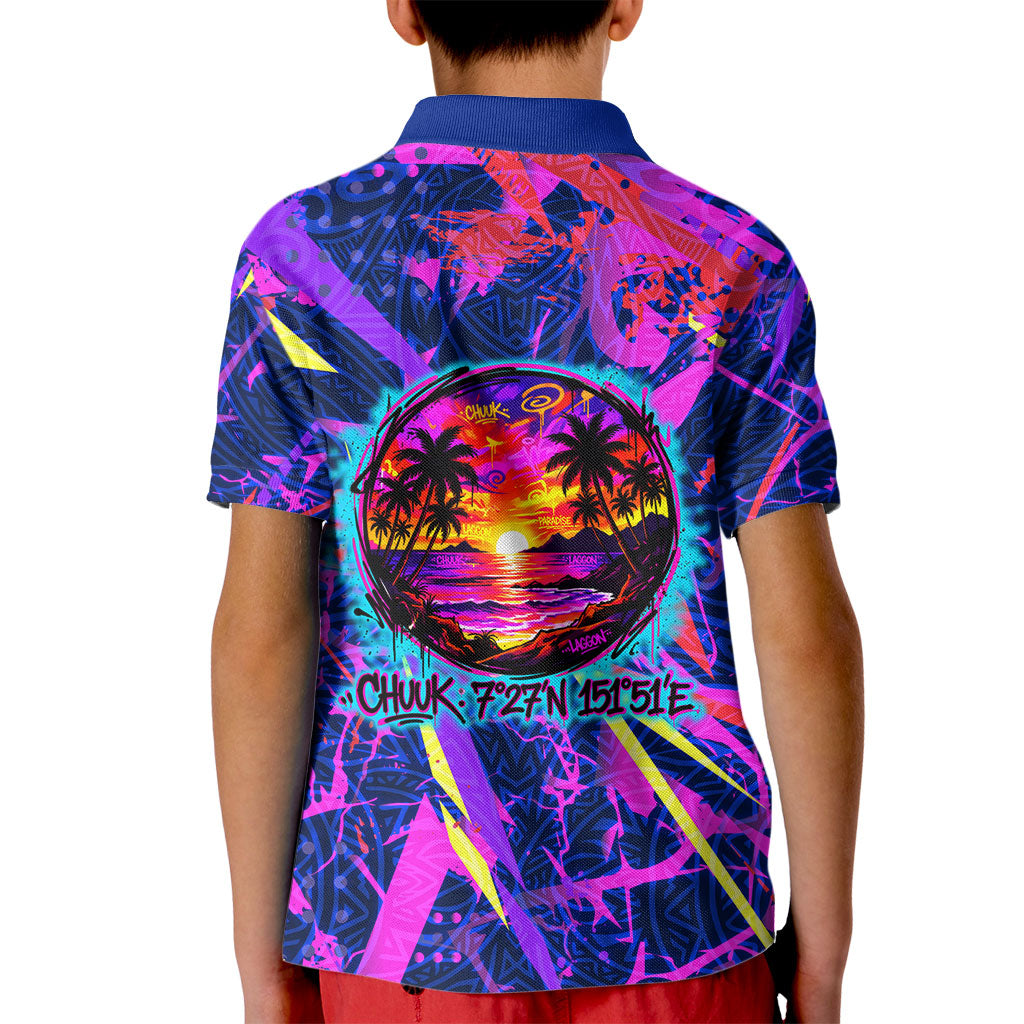 Chuuk Tropical Sunset Coordinates Kid Polo Shirt Neon Graffiti Polynesian Tribal TS04 - Polynesian Pride