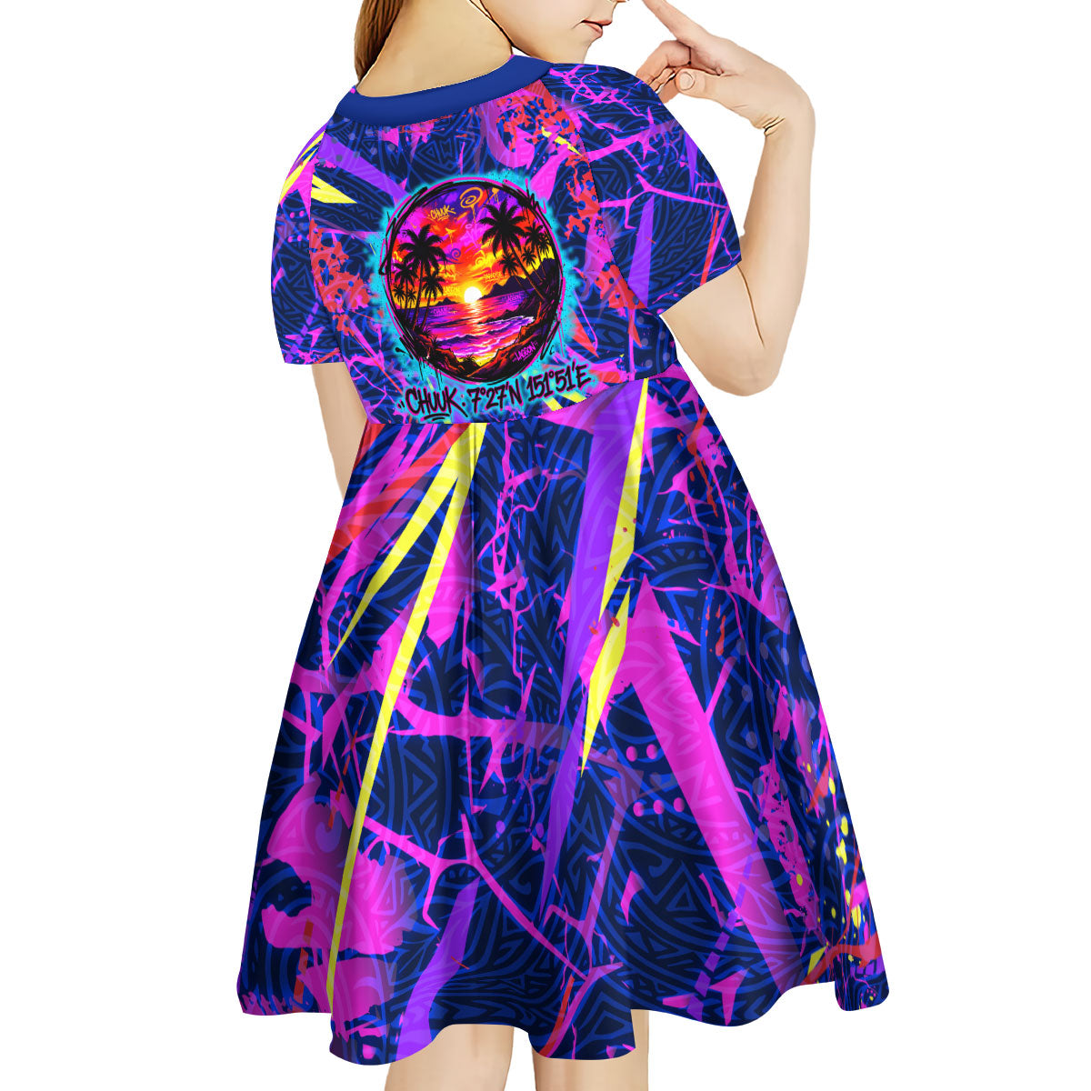 Chuuk Tropical Sunset Coordinates Kid Short Sleeve Dress Neon Graffiti Polynesian Tribal TS04 - Polynesian Pride