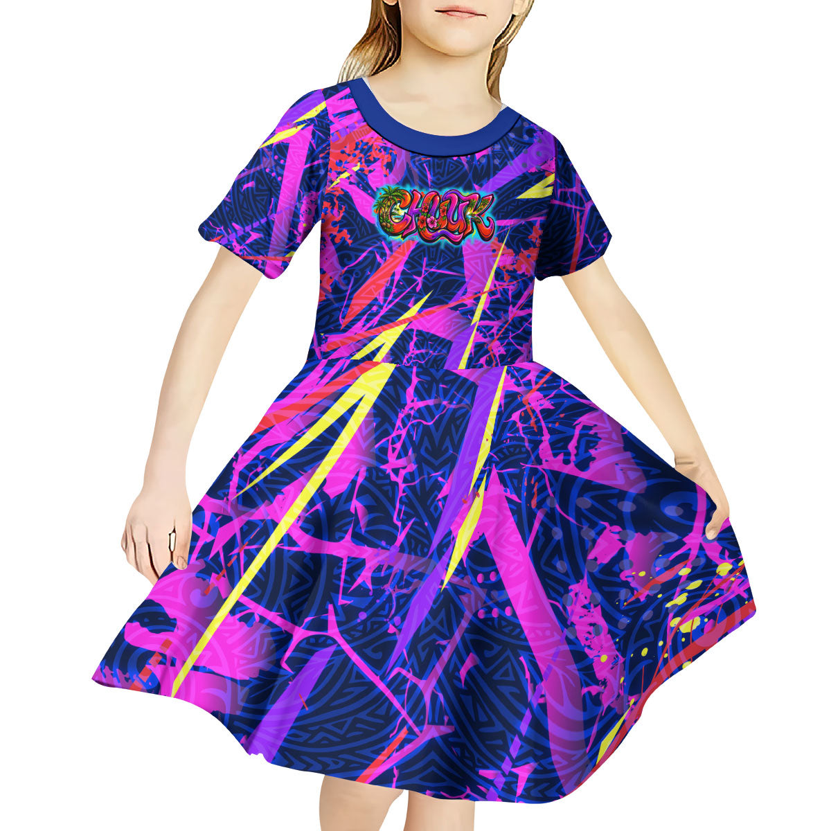 Chuuk Tropical Sunset Coordinates Kid Short Sleeve Dress Neon Graffiti Polynesian Tribal TS04 - Polynesian Pride