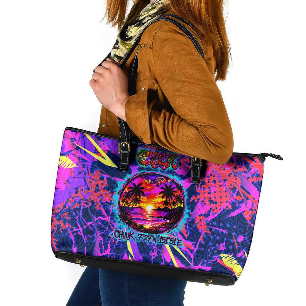 Chuuk Tropical Sunset Coordinates Leather Tote Bag Neon Graffiti Polynesian Tribal TS04 Purple Pink - Polynesian Pride