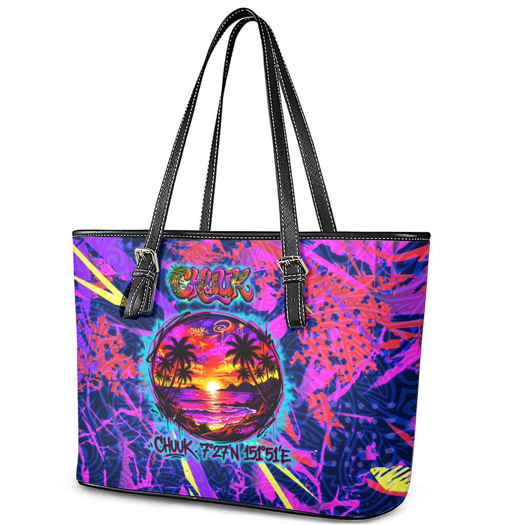 Chuuk Tropical Sunset Coordinates Leather Tote Bag Neon Graffiti Polynesian Tribal