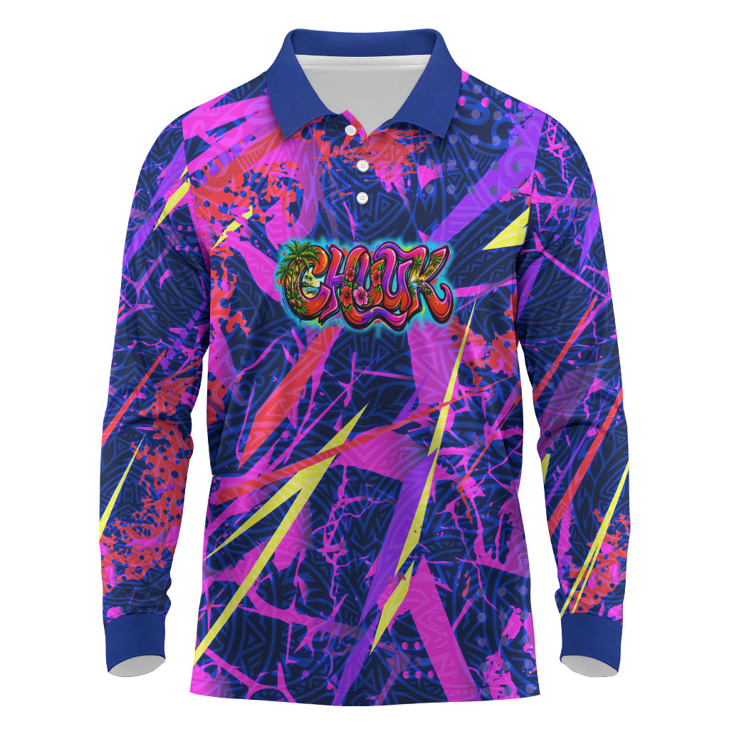 Chuuk Tropical Sunset Coordinates Long Sleeve Polo Shirt Neon Graffiti Polynesian Tribal TS04 Purple Pink - Polynesian Pride