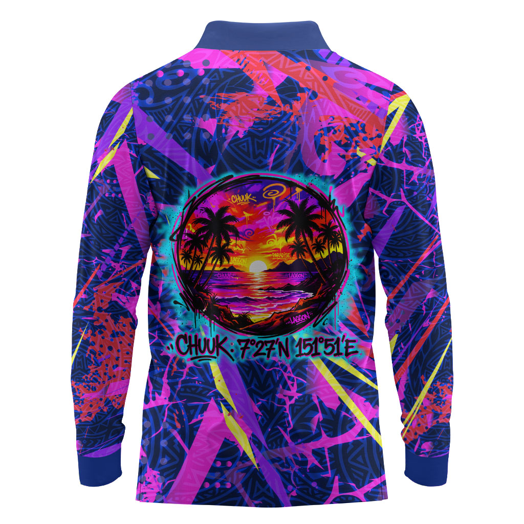 Chuuk Tropical Sunset Coordinates Long Sleeve Polo Shirt Neon Graffiti Polynesian Tribal TS04 - Polynesian Pride