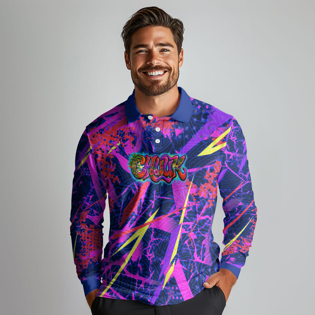 Chuuk Tropical Sunset Coordinates Long Sleeve Polo Shirt Neon Graffiti Polynesian Tribal TS04 - Polynesian Pride