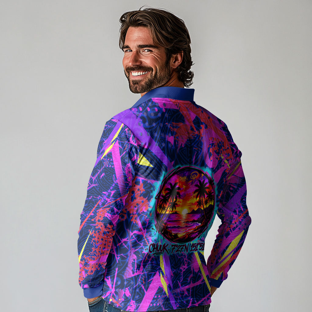 Chuuk Tropical Sunset Coordinates Long Sleeve Polo Shirt Neon Graffiti Polynesian Tribal TS04 - Polynesian Pride