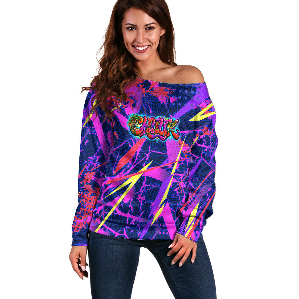 Chuuk Tropical Sunset Coordinates Off Shoulder Sweater Neon Graffiti Polynesian Tribal TS04 Women Purple Pink - Polynesian Pride