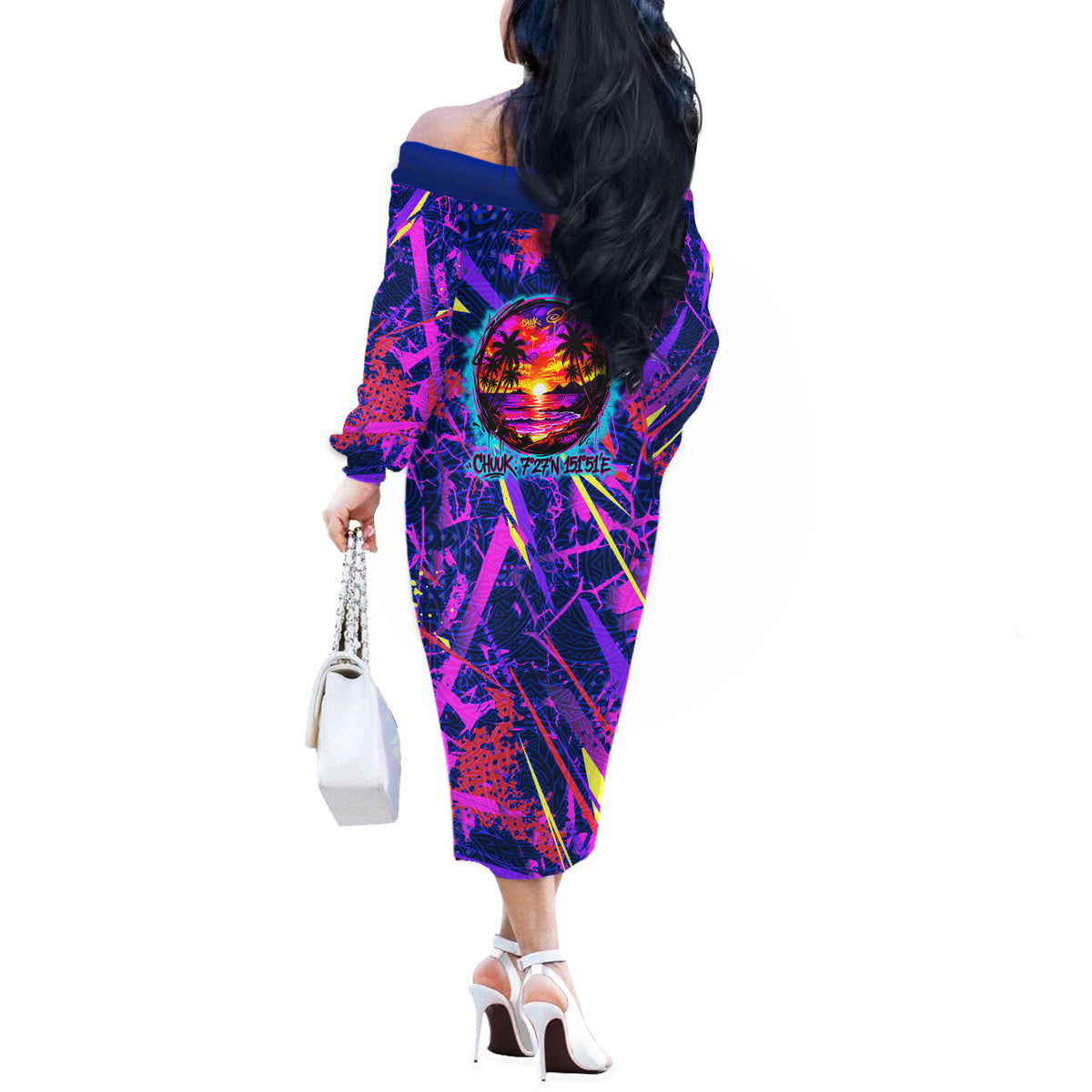 Chuuk Tropical Sunset Coordinates Off The Shoulder Long Sleeve Dress Neon Graffiti Polynesian Tribal TS04 - Polynesian Pride