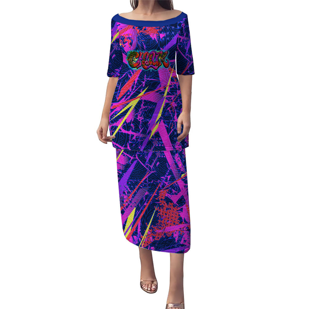 Chuuk Tropical Sunset Coordinates Puletasi Neon Graffiti Polynesian Tribal TS04 Long Dress Purple Pink - Polynesian Pride