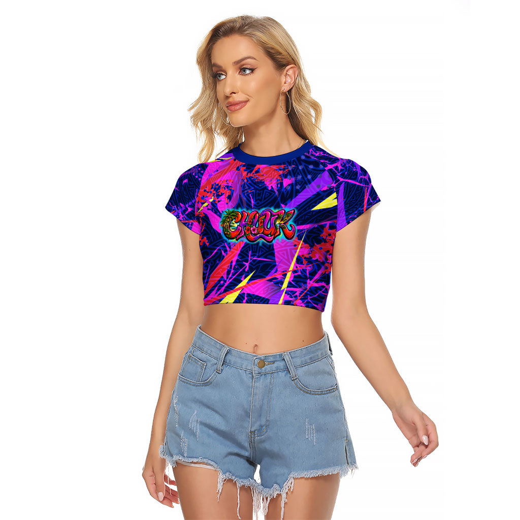 Chuuk Tropical Sunset Coordinates Raglan Cropped T Shirt Neon Graffiti Polynesian Tribal TS04 Female Purple Pink - Polynesian Pride