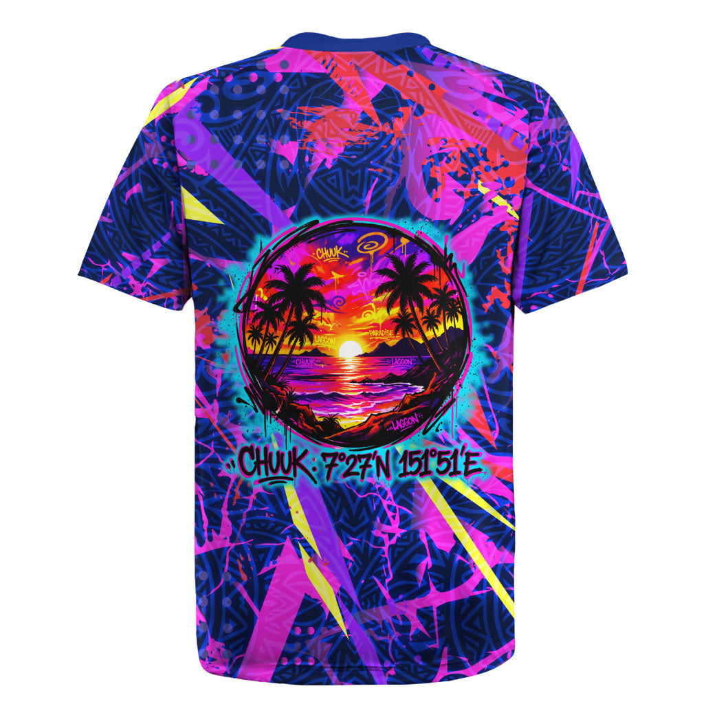 Chuuk Tropical Sunset Coordinates Rugby Jersey Neon Graffiti Polynesian Tribal