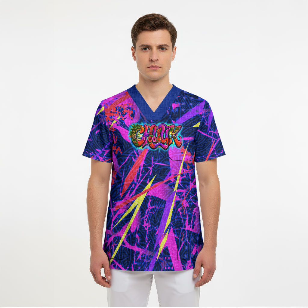 Chuuk Tropical Sunset Coordinates Scrub Top Neon Graffiti Polynesian Tribal